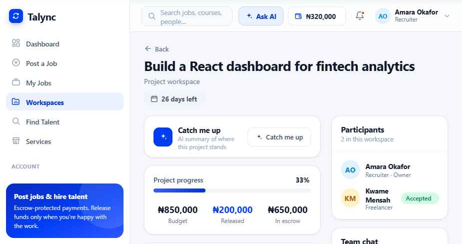 Talync escrow project workspace — budget, released and in-escrow milestones